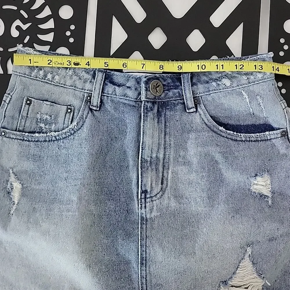 One‎ X One Teaspoon Acid Washed Destroyed Denim Jean Mini Skirt 28